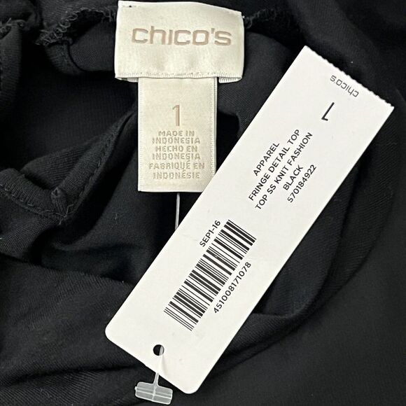 Chico's Womens Size 1 Medium Black Asymmetrical Fringe Overlay Mock-Neck Top NEW - Picture 3 of 3